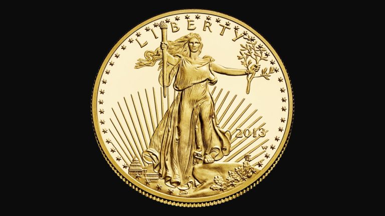 The front of a 2013 American Gold Eagle coin showing Lady Liberty