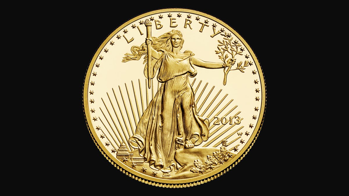 The front of a 2013 American Gold Eagle coin showing Lady Liberty