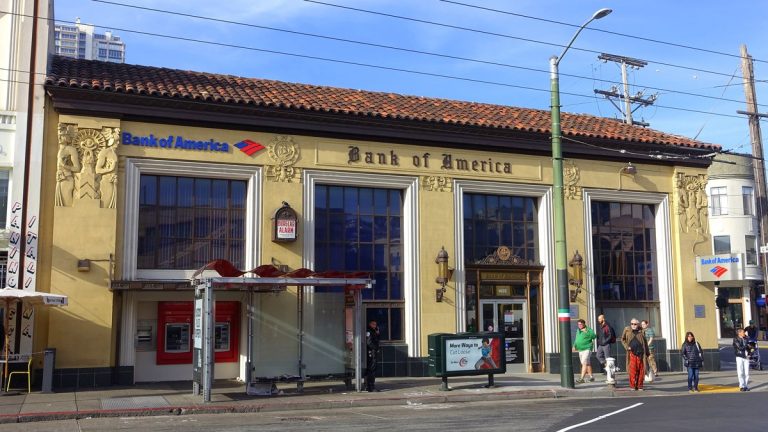 Yellow Bank of America branch building on Stockton Street in San Francisco