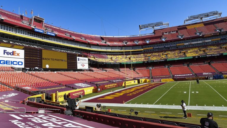 Empty stands and field at FedExField, home of the Washington NFL team, in Landover, Maryland