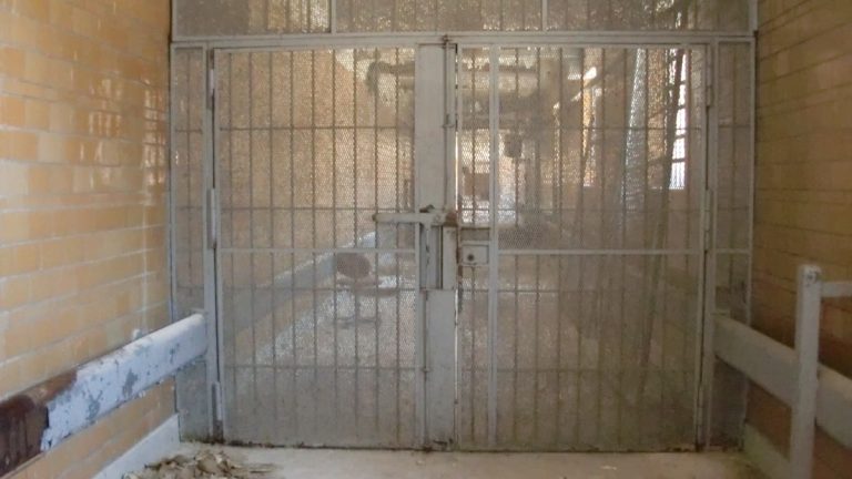 A barred cell door inside an old prison cell block