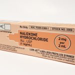 A box of naloxone hydrochloride prefilled syringe