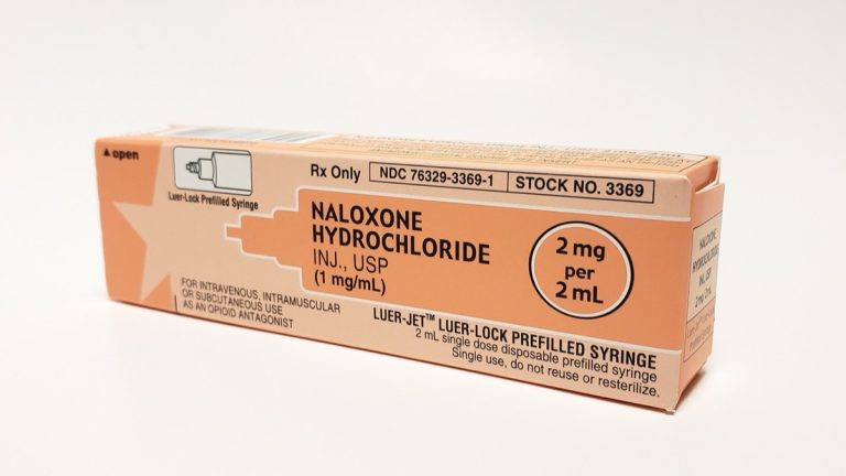 A box of naloxone hydrochloride prefilled syringe