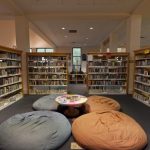 Bookshelves and seating in a public library