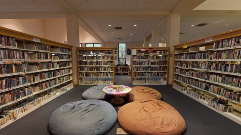 Bookshelves and seating in a public library