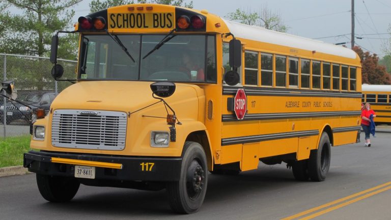 A yellow school bus with its stop sign arm folded in, parked on a two-lane road in Virginia